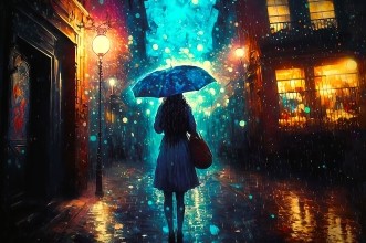 Femme de dos tenant un parapluie travesant une rue sombre sous la pluie