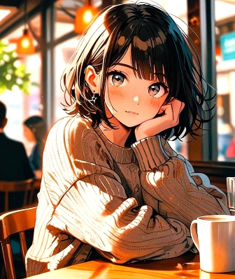 femme assise à une table avec un café et en train d'attendre