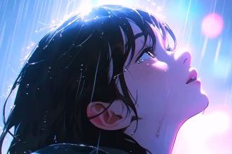 Visage de femme sous la pluie et regardant le ciel
