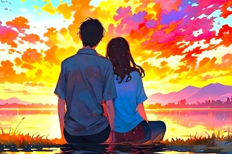 couple de dos regardant le couché de soleil au bord d'un lac