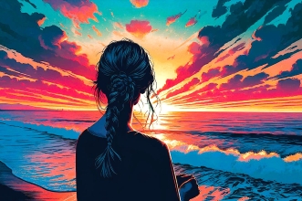 femme de dos sur la plage regardant le couché de soleil sur l'océan