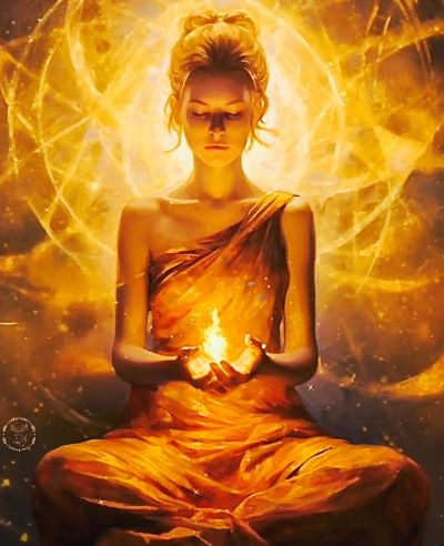 Femme assise en tailleur tenant entourée des liens éthérés qui la relient à l'être aimé et tenant dans ses mains la flamme de l'amour.