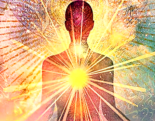  silhouette avec l'énergie rayonnant de son chakra du coeur