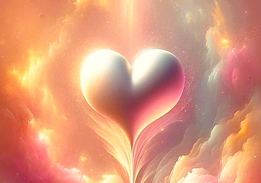 coeur entouré de nuages éclairés par une lumière chaude.